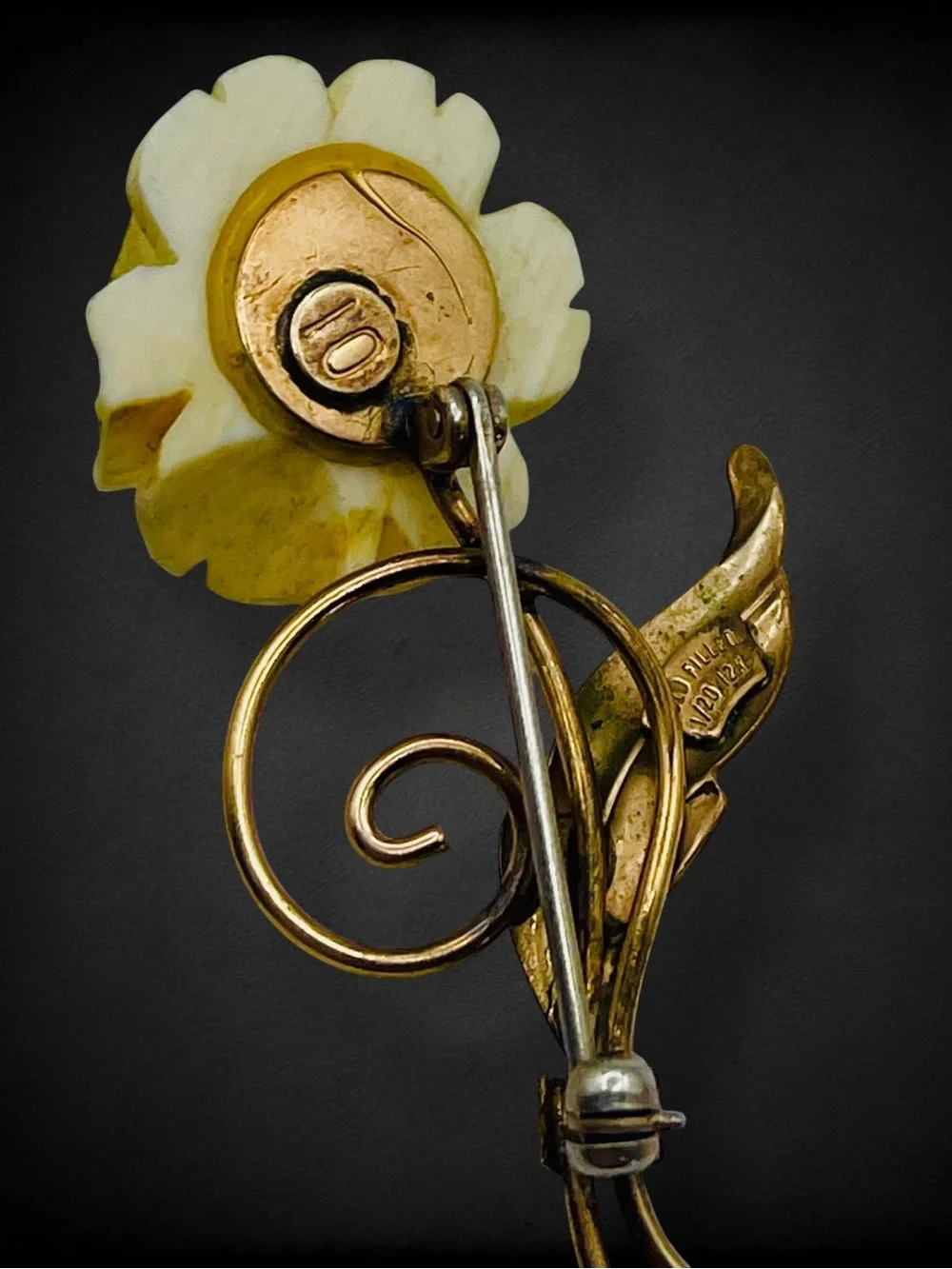 Vintage 12K GF Carved Celluloid White Rose Flower Brooch Pin Mid Centur